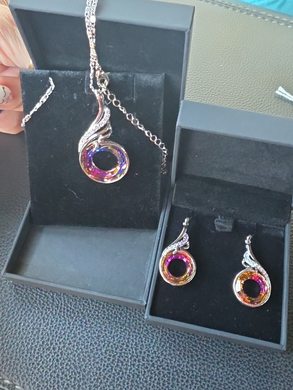 Multicolor Crystal Swirl Pendant Necklace and Earrings Set